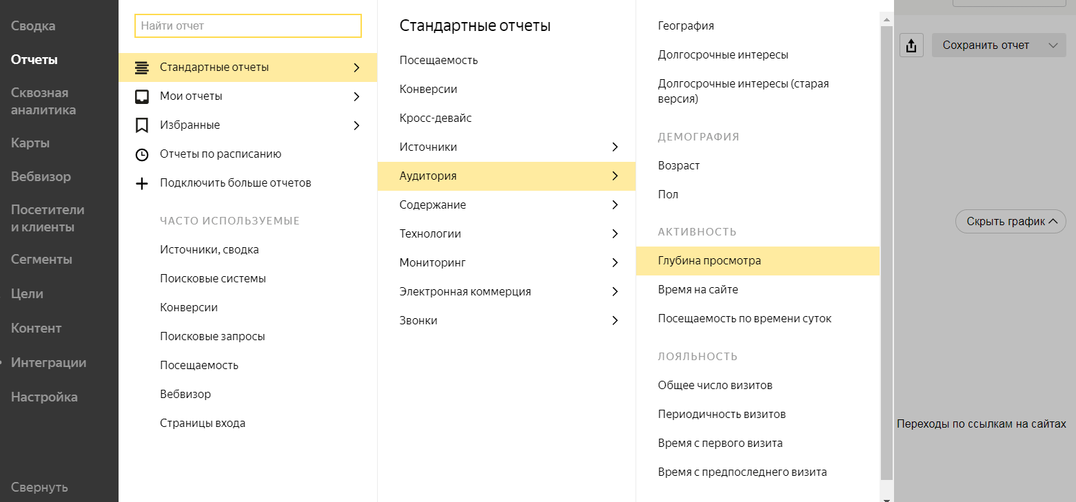 Скриншот Яндекс Метрики, поведенческие факторы